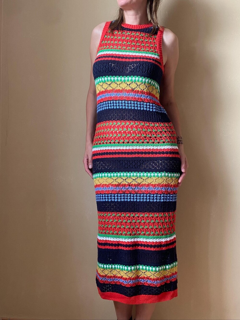 MANGO Multi-Color Striped Boho Crochet Midi Dress Size 8